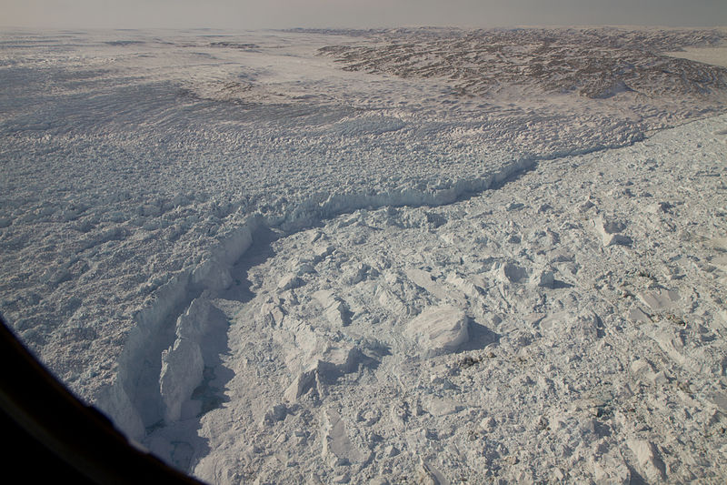 The calving front of the Jakobshaven Glacier in western Greenland, on April 21, 2012. (Jefferson Beck/NASA)