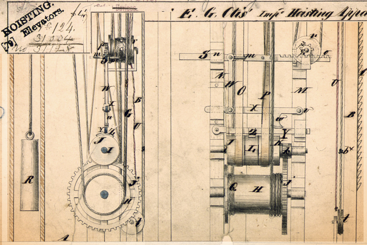 Details from the elevator patent drawings of Elisha Otis. (Wikimedia)