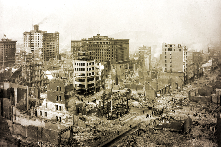 The San Francisco Earthquake of 1906, in the vicinity of Post St. and Grant Ave. (Wikimedia/photo tinting by Salon)
