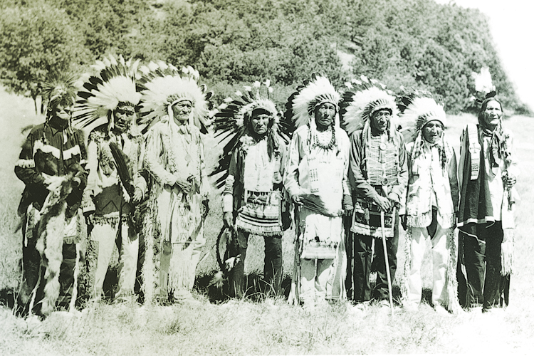 Sioux Indians, six of whom were present at the Battle of Little Big Horn, gather in Custer State Park in the Black Hills area of Custer, S.D. on Sept. 2, 1948. (AP)