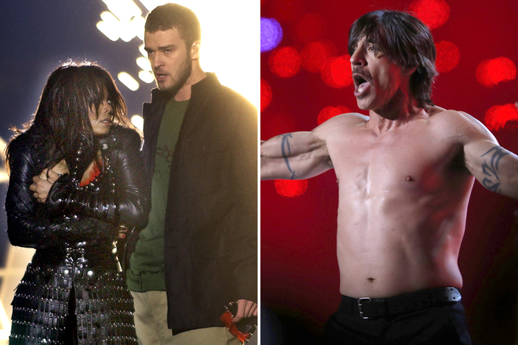 Janet Jackson and Justin Timberlake during the halftime show of Super Bowl XXXVIII; Anthony Kiedis during the halftime show of Super Bowl XLVIII. (AP/Elise Amendola/Reuters/Shannon Stapleton)
