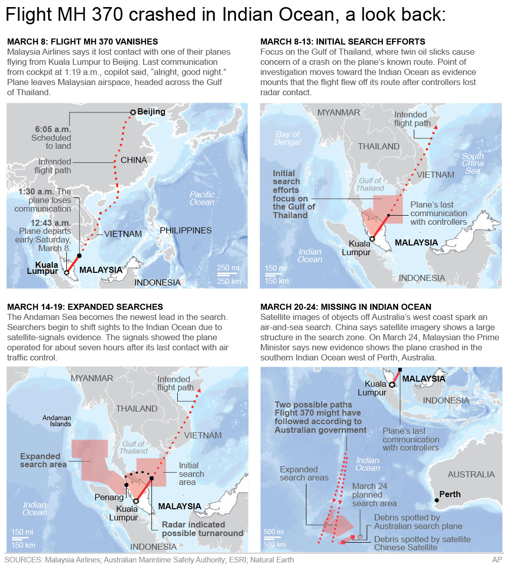 Graphic summarizes the events and search efforts of Malaysian flight MH 370; 4c x 7 inches; 195.7 mm x 177 mm; (AP)