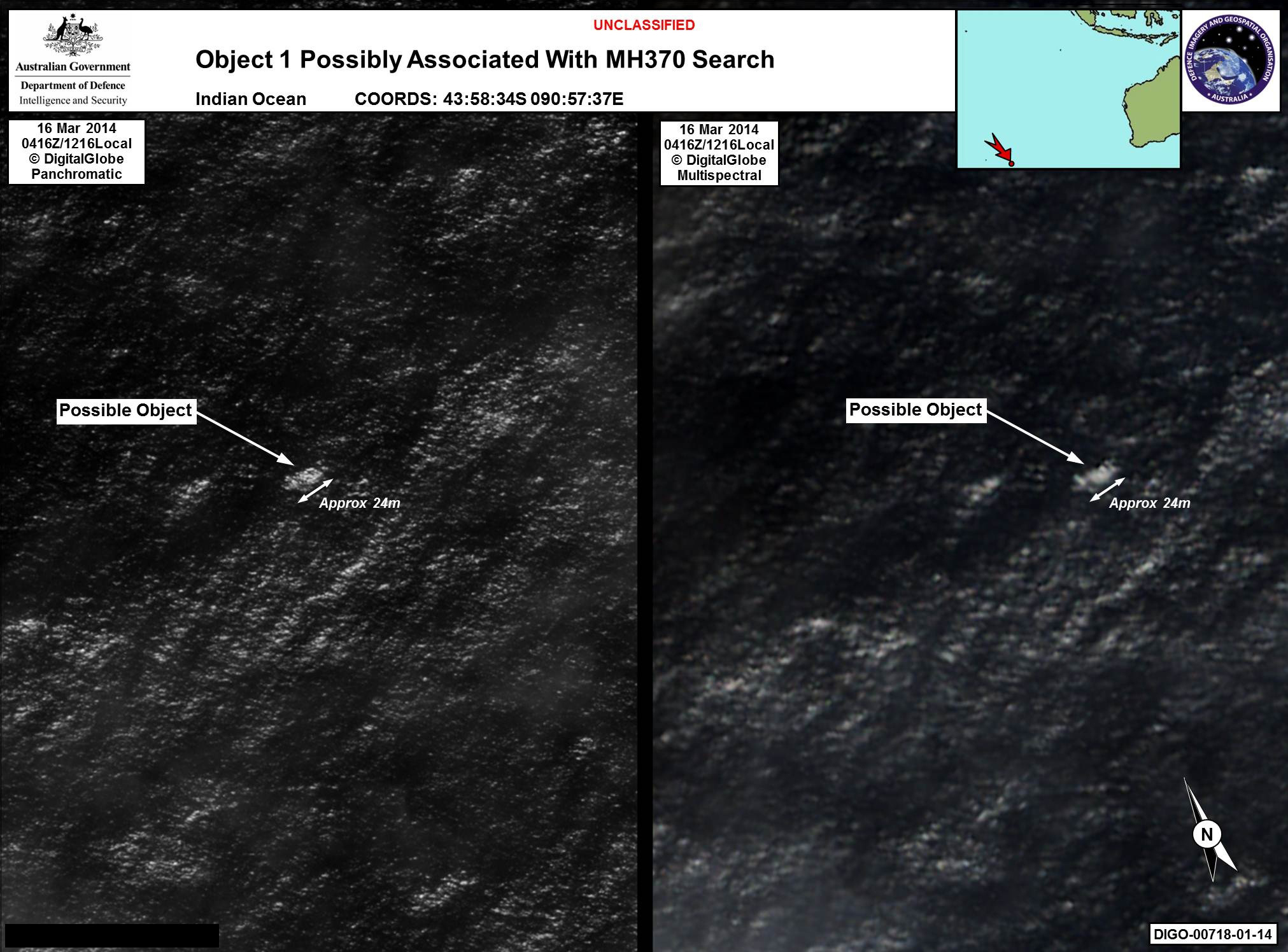 CORRECTS THE SOURCE - In this March 16, 2014 satellite imagery provided by Commonwealth of Australia - Department of Defence on Thursday, March 20, 2014, a floating object is seen at sea next to the descriptor which was added by the source. Australia's government reported Thursday, March 20, 2014 that the images show suspected debris from the missing Malaysia Airlines jetliner floating in an area 2,500 kilometers (1,550 miles) southwest of Perth Australia. (AP Photo/Commonwealth of Australia - Department of Defence) (Ho)