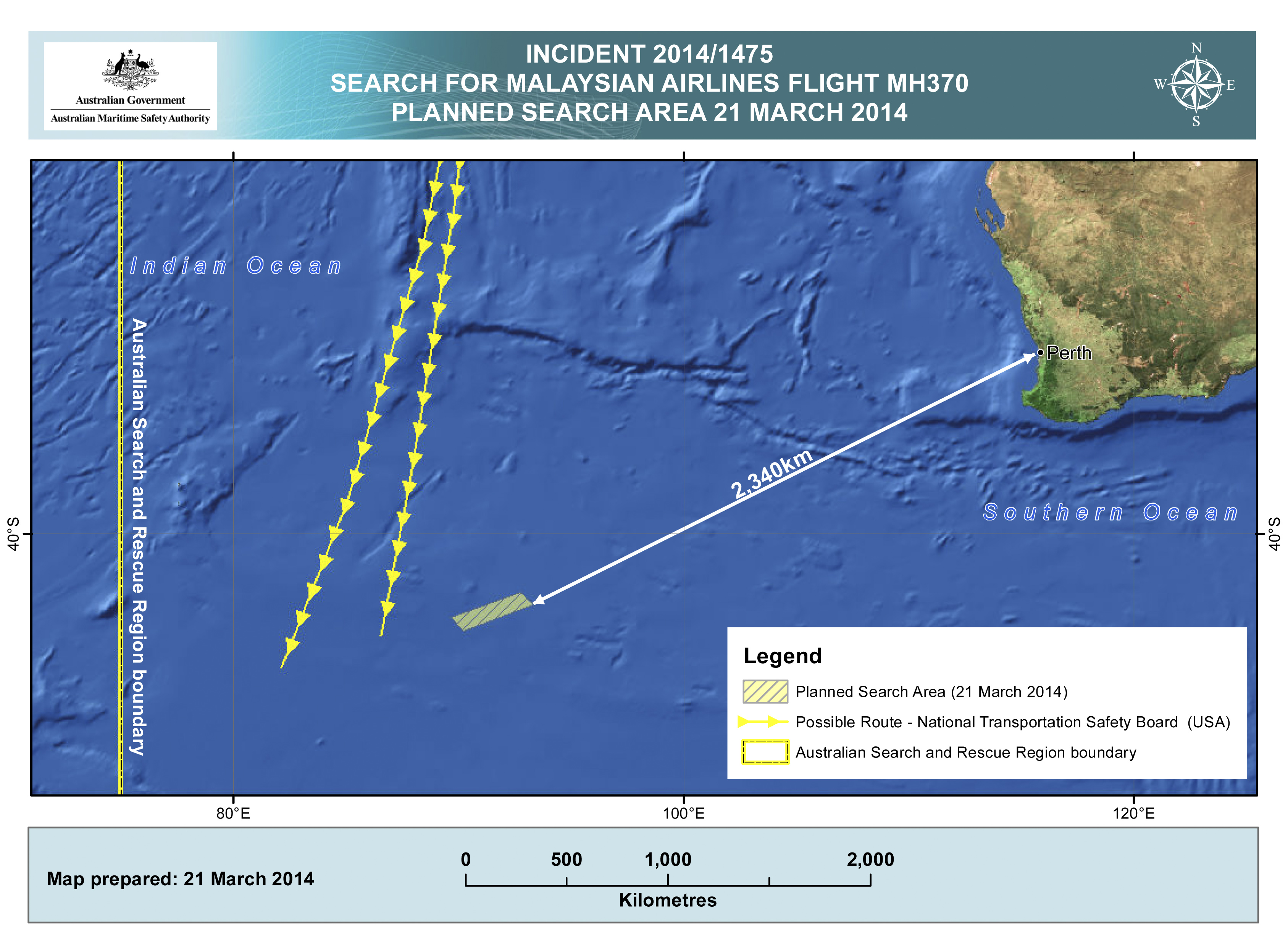 This Friday, March 21, 2014 graphic provided by Australian Maritime Safety Authority (AMSA), shows an area in the southern Indian Ocean that the AMSA is concentrating its search for the missing Malaysia Airlines Flight MH370 on. Planes are flying out of Australia again to search for two objects detected by satellite that may be debris from a missing Malaysian Airlines jetliner. (AP Photo/Australian Maritime Safety Authority) (AP)