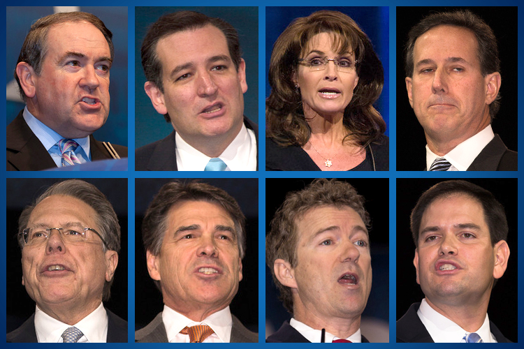Clockwise, from top left: Mike Huckabee, Ted Cruz, Sarah Palin, Rick Santorum, Marco Rubio, Rand Paul, Rick Perry, Wayne LaPierre. (Jeff Malet, maletphoto.com)