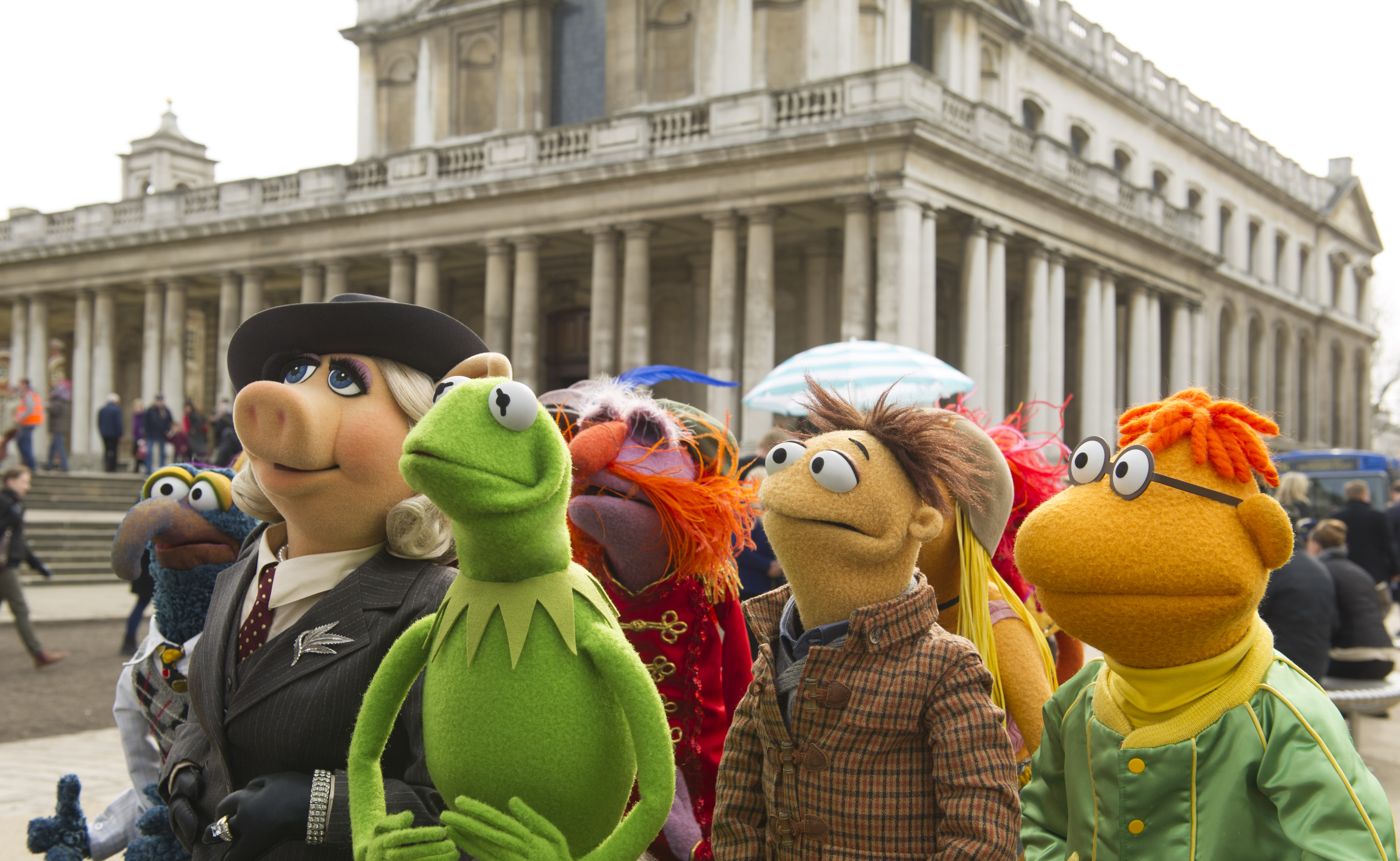 This image released by Disney shows muppet characters, from left, Gonzo, Miss Piggy, Kermit, Floyd Walter and Scooter in a scene from "Muppets Most Wanted." (AP Photo/Disney Enterprises, Inc., Jay Maidment) (AP)