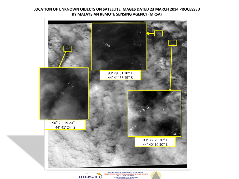This graphic released by the Malaysian Remote Sensing Agency on Wednesday March 26, 2014, shows satellite imagery taken on March 23, 2014, with the approximate positions of objects seen floating in the southern Indian Ocean in the search zone for the missing Malaysia Airlines Flight 370. Malaysian Defense Minister Hishammuddin Hussein said at a news conference in Kuala Lumpur Wednesday that a satellite has captured images of 122 objects close to where three other satellites previously detected objects. (AP Photo/Malaysian Remote Sensing Agency) (AP)