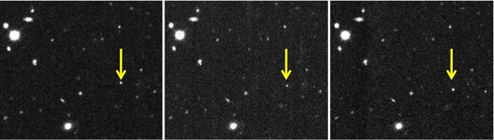 This combination of images provided by the Carnegie Institution for Science shows a new solar system object dubbed 2012 VP113, indicated by the yellow arrow, that was observed on November 2012 through a telescope in Chile. New research published in the journal Nature reveals its the second object to be discovered in the far reaches of the solar system far beyond the orbit of Pluto. (AP Photo/Carnegie Institution for Science, Scott S. Sheppard) (AP)