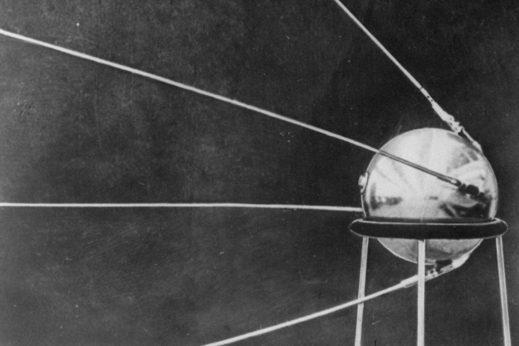 This first official picture of the Soviet satellite Sputnik I was issued in Moscow October 9, 1957, showing the four-antennaed satellite resting on a three-legged pedestal. (AP/Zentralbild Picture Service)
