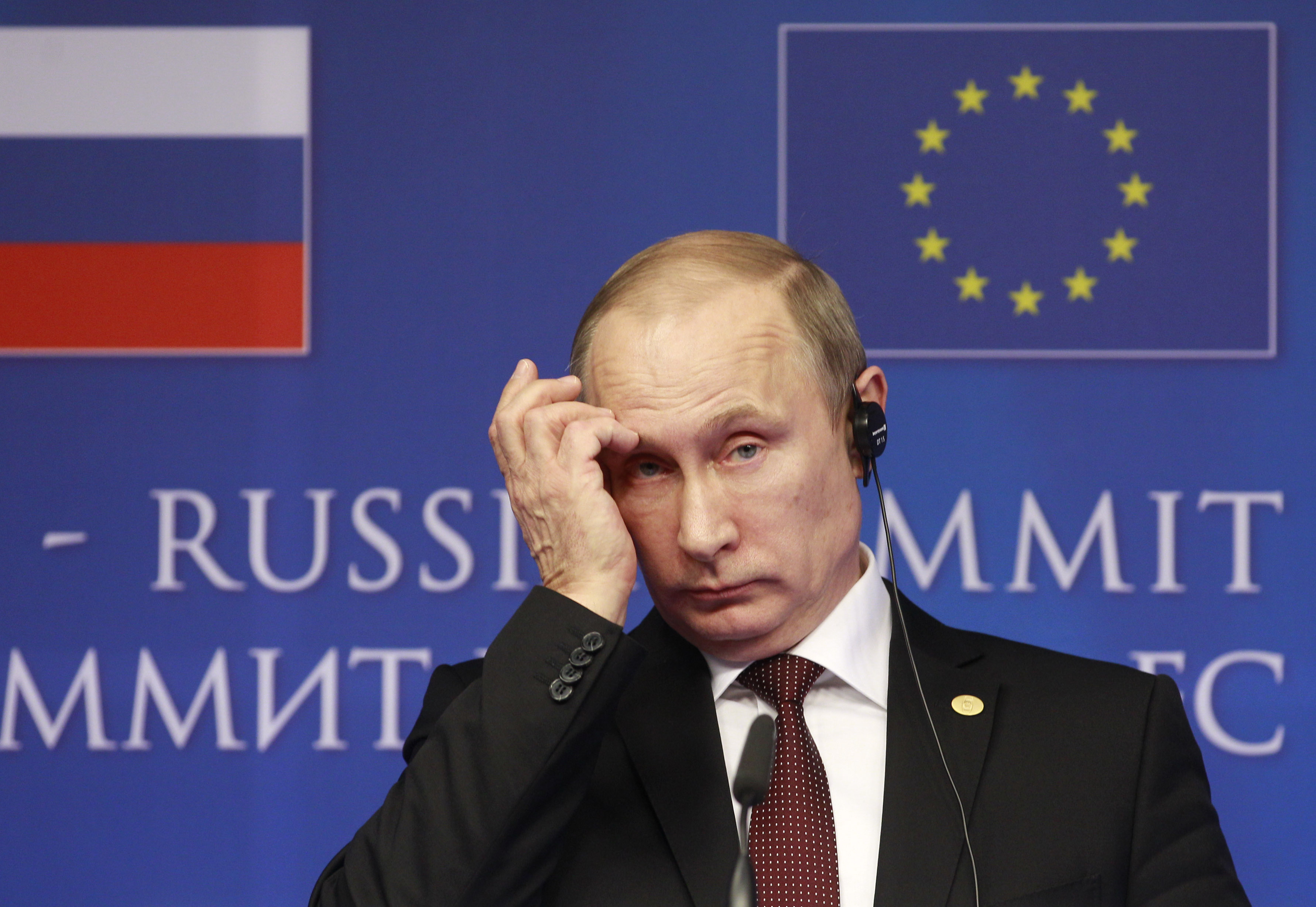 FILE - In this Jan. 28, 2014 file photo, Russian President Vladimir Putin addresses the media at the end of an EU-Russia summit, at the European Council building in Brussels. With Crimea in Russias pocket, the world anxiously awaits Putins next move. The Russian President has held regular conversations with Western leaders - with no visible result. (AP Photo/Yves Logghe, File) (AP)