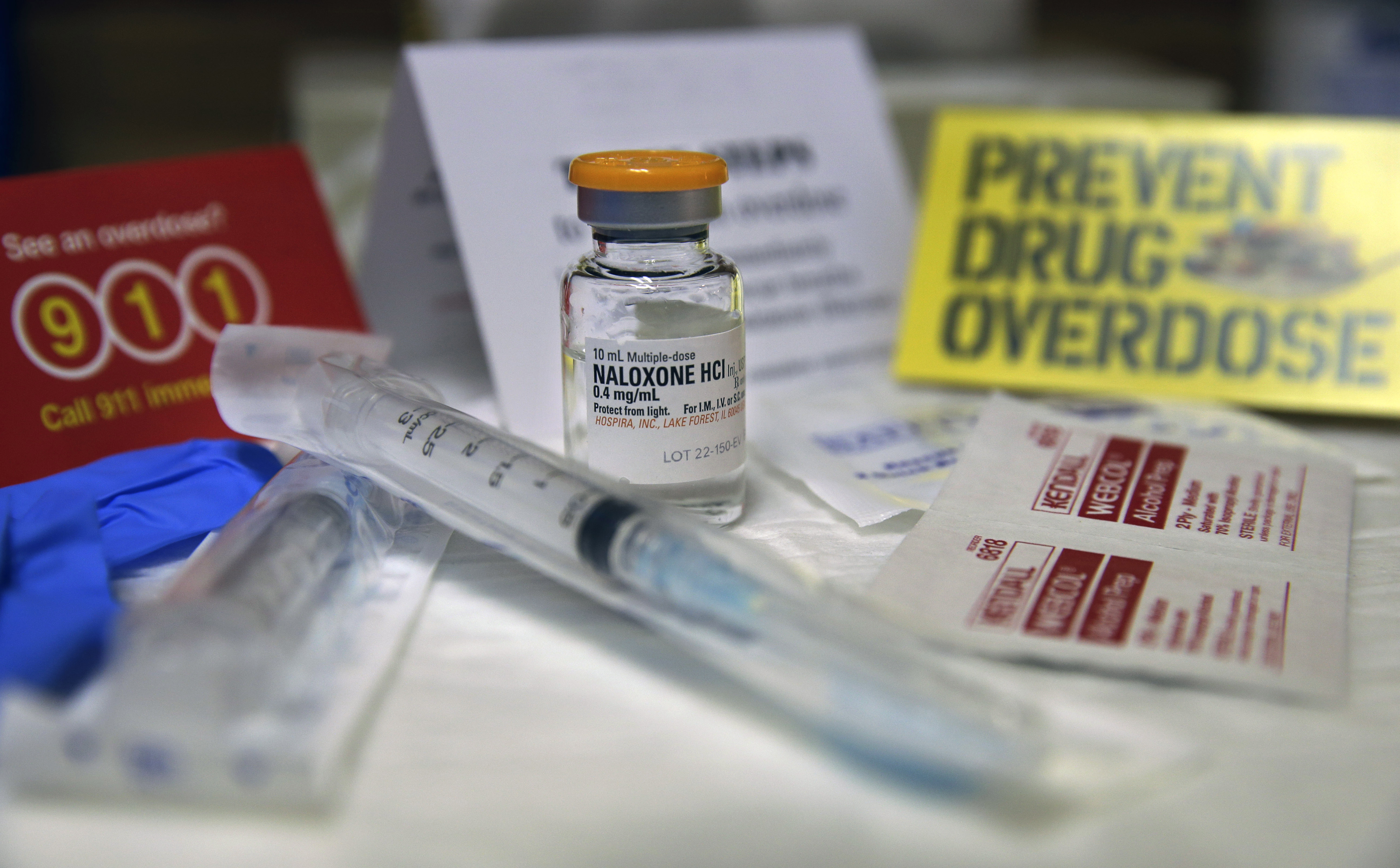 A kit with naloxone, also known by its brand name Narcan, is displayed at the South Jersey AIDS Alliance in Atlantic City, N.J. on Wednesday, Feb. 19, 2014. An overdose of opiates essentially makes the body forget to breathe. Naloxone works by blocking the brain receptors that opiates latch onto and helping the body "remember" to take in air. (AP Photo/Mel Evans) (AP)