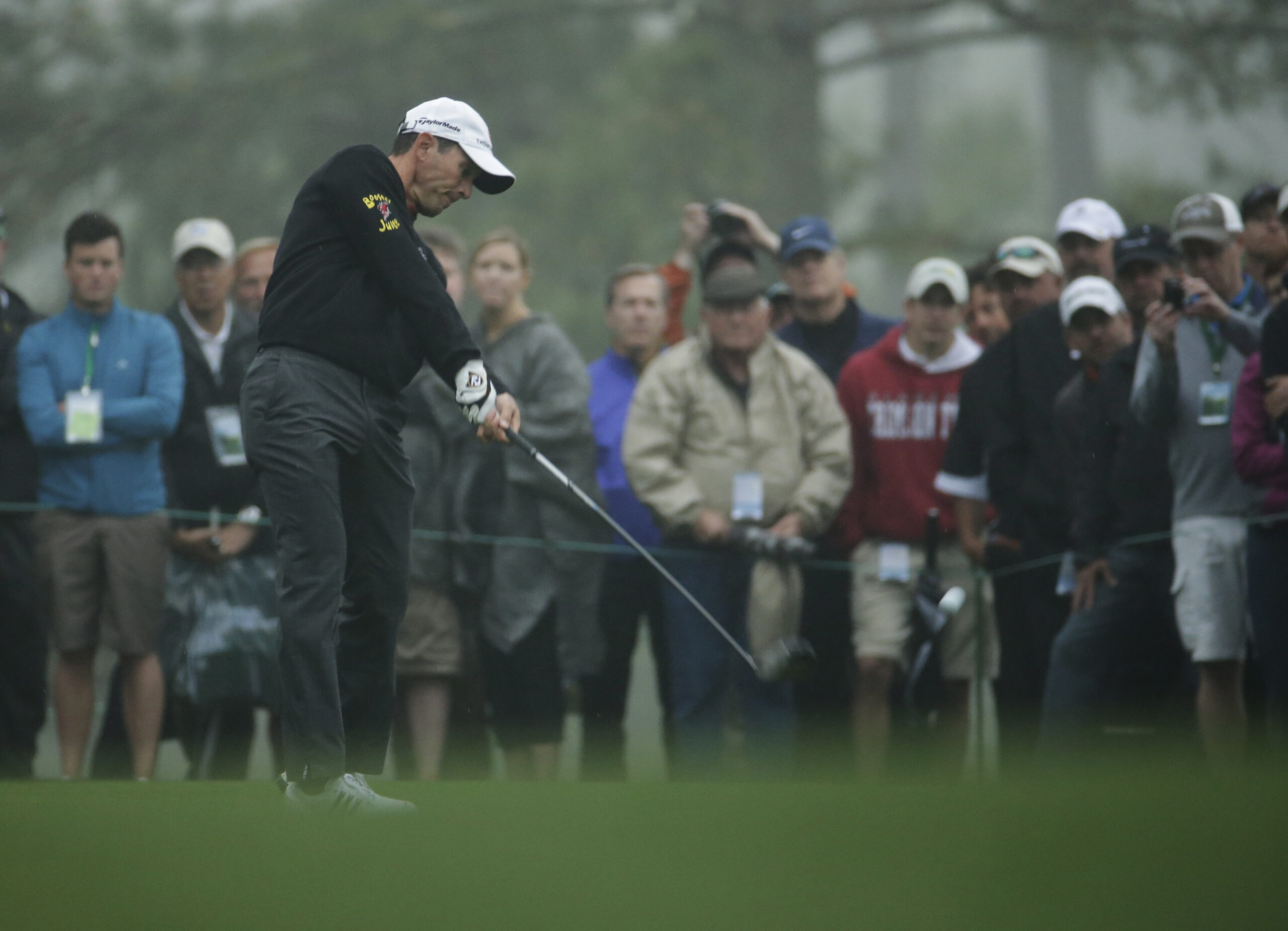 Mike Weir, of Canada, tees off on the 18th hole during a practice round for the Masters golf tournament Monday, April 7, 2014, in Augusta, Ga. (AP Photo/Charlie Riedel) (Charlie Riedel)