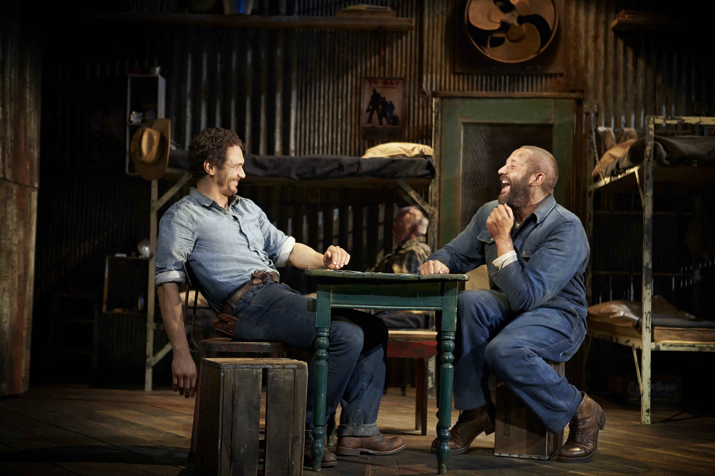 This image released by Polk & Co. shows James Franco, left, and Chris O'Dowd in a scene from "Of Mice and Men," in New York. (AP/Polk & Co., Richard Phibbs)