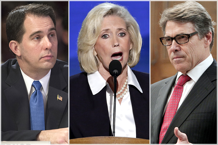 Scott Walker, Lilly Ledbetter, Rick Perry (AP/Cliff Owen/J. Scott Applewhite/Brandon Wade)