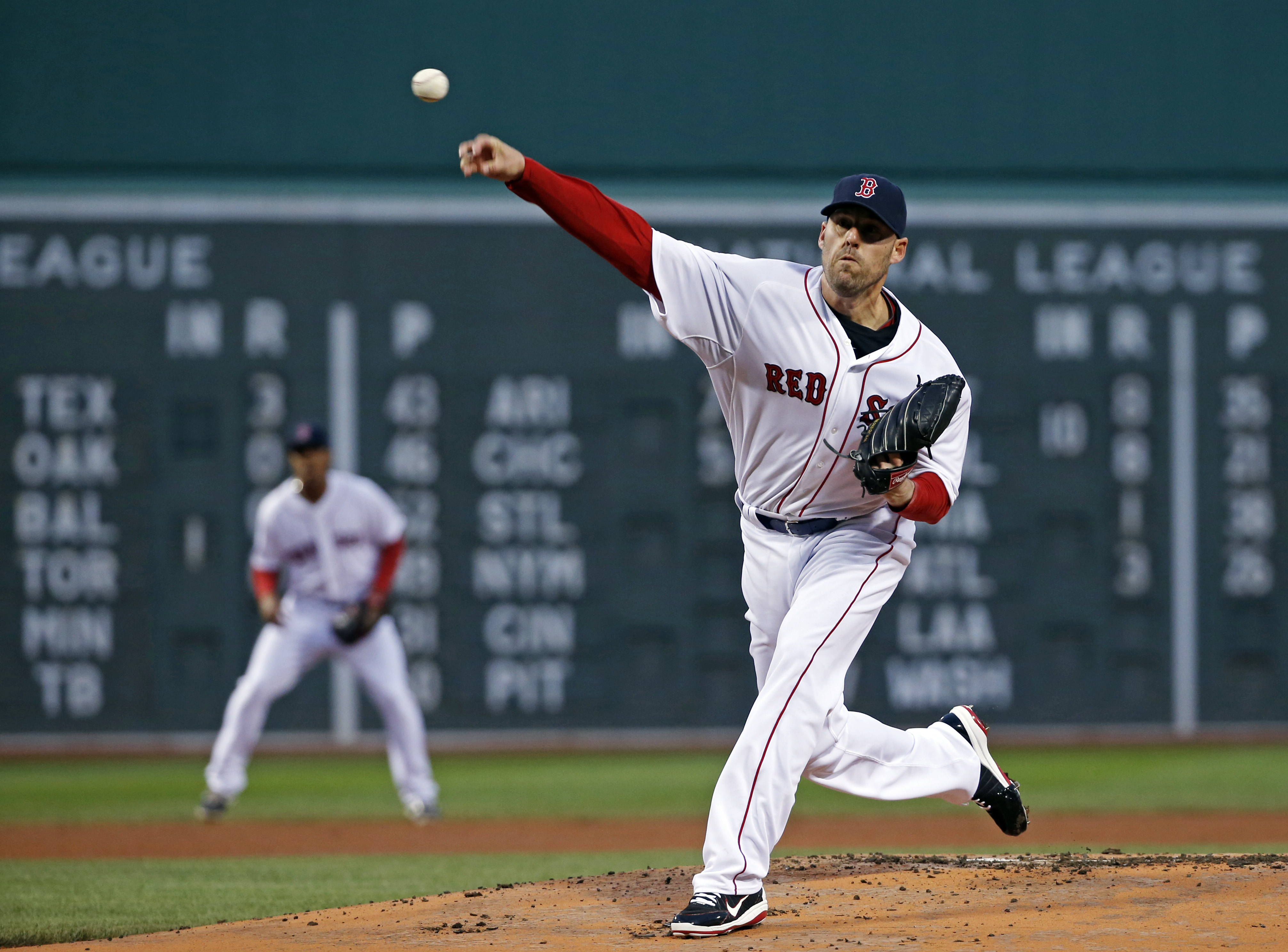 Boston Red Sox starting pitcher John Lackey delivers to the New York Yankees during the first inning of a baseball game at Fenway Park in Boston, Wednesday, April 23, 2014. (AP Photo/Elise Amendola) (AP)