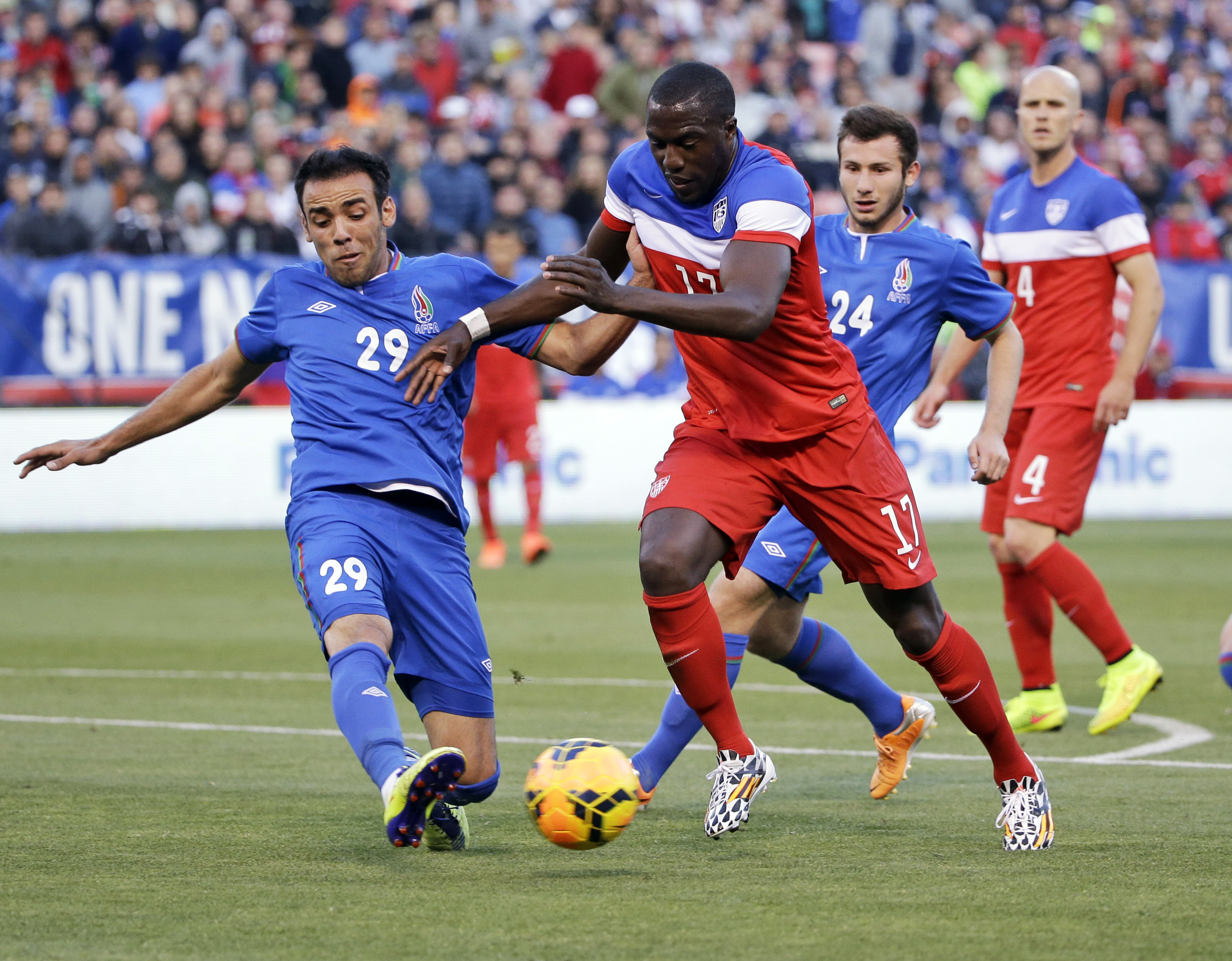 United States' Jozy Altidore (17) tries to dribble around Azerbaijan's Elvin Yunuszade (29) during the first half of an international friendly soccer match on Tuesday, May 27, 2014, in San Francisco. (AP/Marcio Jose Sanchez)