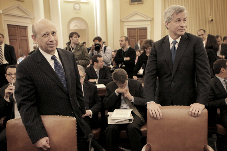 Lloyd Blankfein and Jamie Dimon, prior to testifying before the Financial Crisis Inquiry Commission, Jan. 13, 2010. (AP/Pablo Martinez Monsivais)