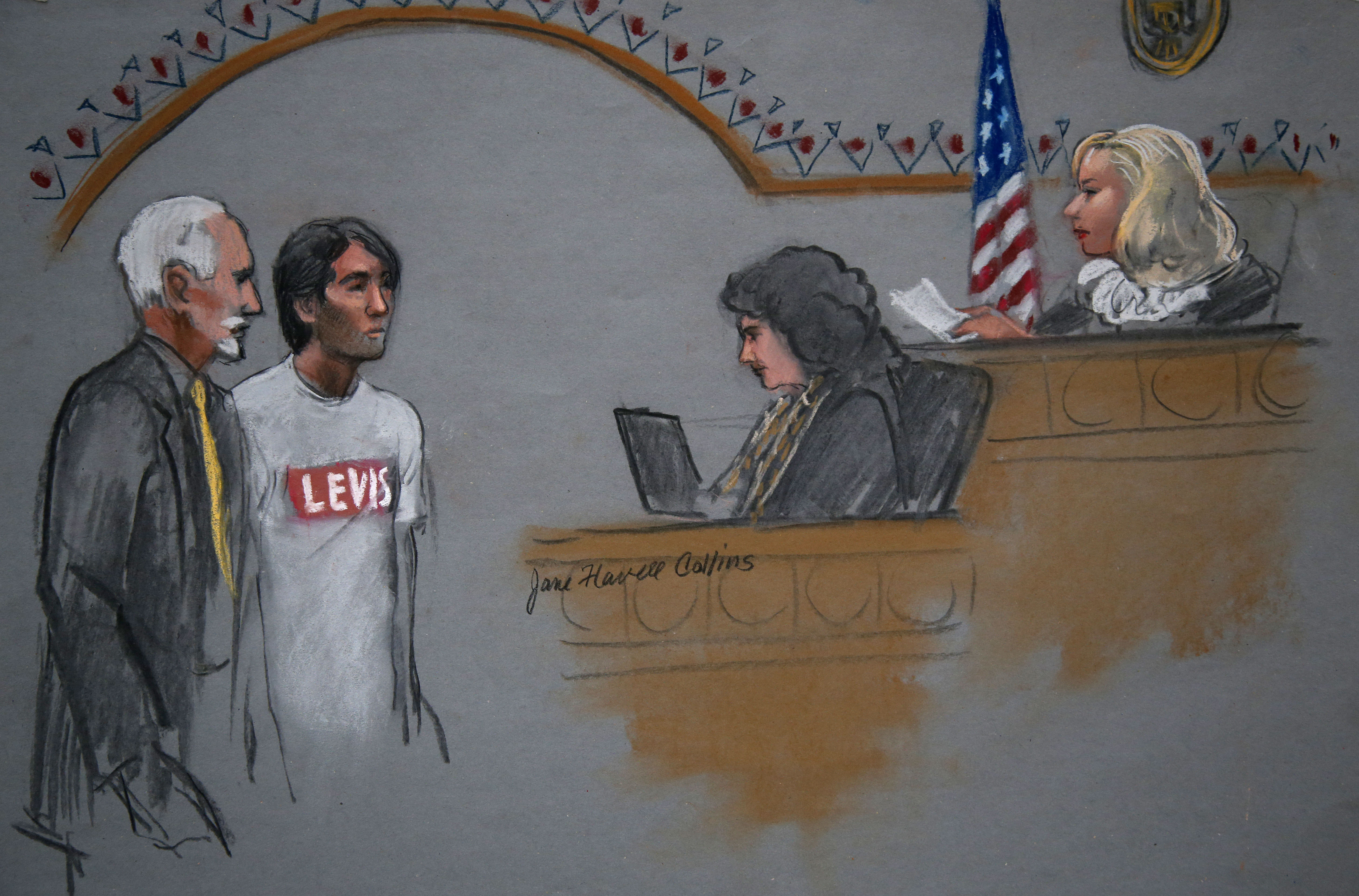 In this courtroom sketch, Khairullozhon Matanov, second from left, with attorney Paul Glickman, left, appears in federal court before Magistrate Judge Marianne B. Bowler, right, Friday, May 30, 2014, in Boston. Matanov, a friend of the brothers suspected of carrying out the 2013 Boston Marathon bombings, faces federal charges he destroyed, altered and falsified records, and made false statements to obstruct the investigation into the bombings. Matanov, arrested Friday morning at his apartment in Quincy, Mass., is a legal resident of the U.S. originally from Kyrgyzstan. (AP Photo/Jane Flavell Collins) (AP)