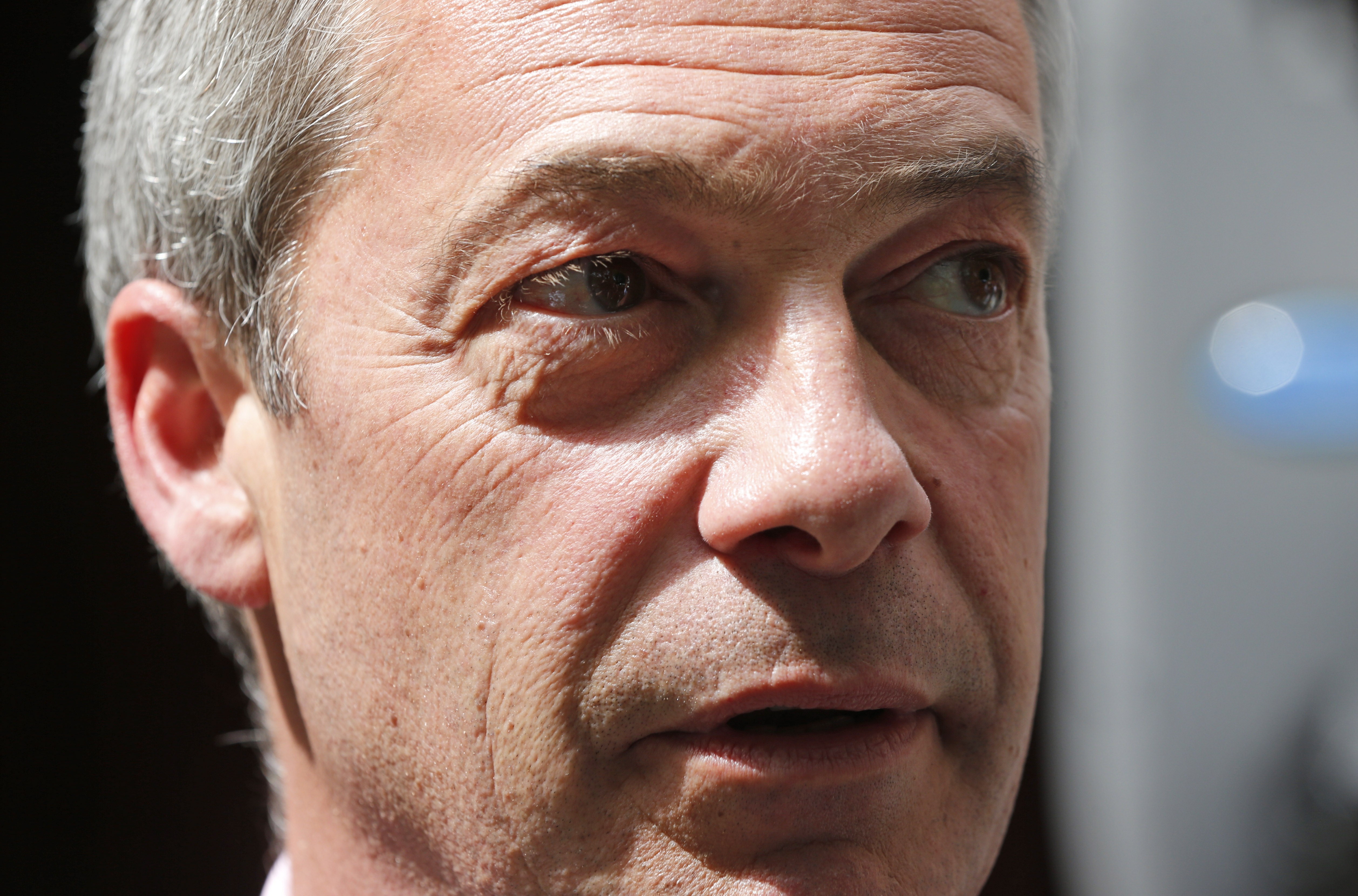 Nigel Farage, leader of Britain's United Kingdom Independence Party (UKIP) talks to media in central London, Wednesday, May 21, 2014. Farage's party could be on track to win the biggest share of British votes in elections this week for the European Parliament _ a parliament Farage wants to abolish, along with the entire 28-nation EU bloc. (AP Photo/Lefteris Pitarakis) (AP)