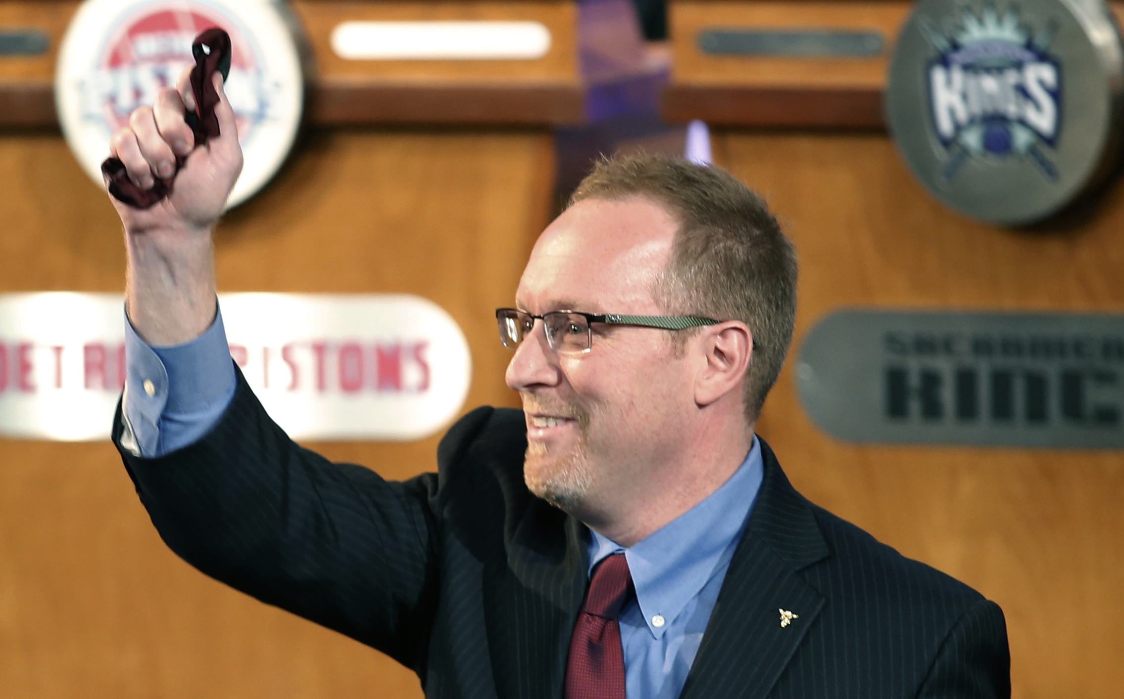 Cleveland Cavaliers general manager David Griffin holds a lucky bow tie after the Cavaliers won the first pick in the NBA draft lottery, in New York on Tuesday, May 20, 2014. The bowtie was worn by Nick Gilbert, son of Cavaliers owner Dan Gilbert, who represented the Cavs in the previous draft lottery, when they also won the first pick. It's the third time in four years the Cavs will be atop the draft after moving up from the ninth spot.  (AP Photo/Kathy Willens) (AP)