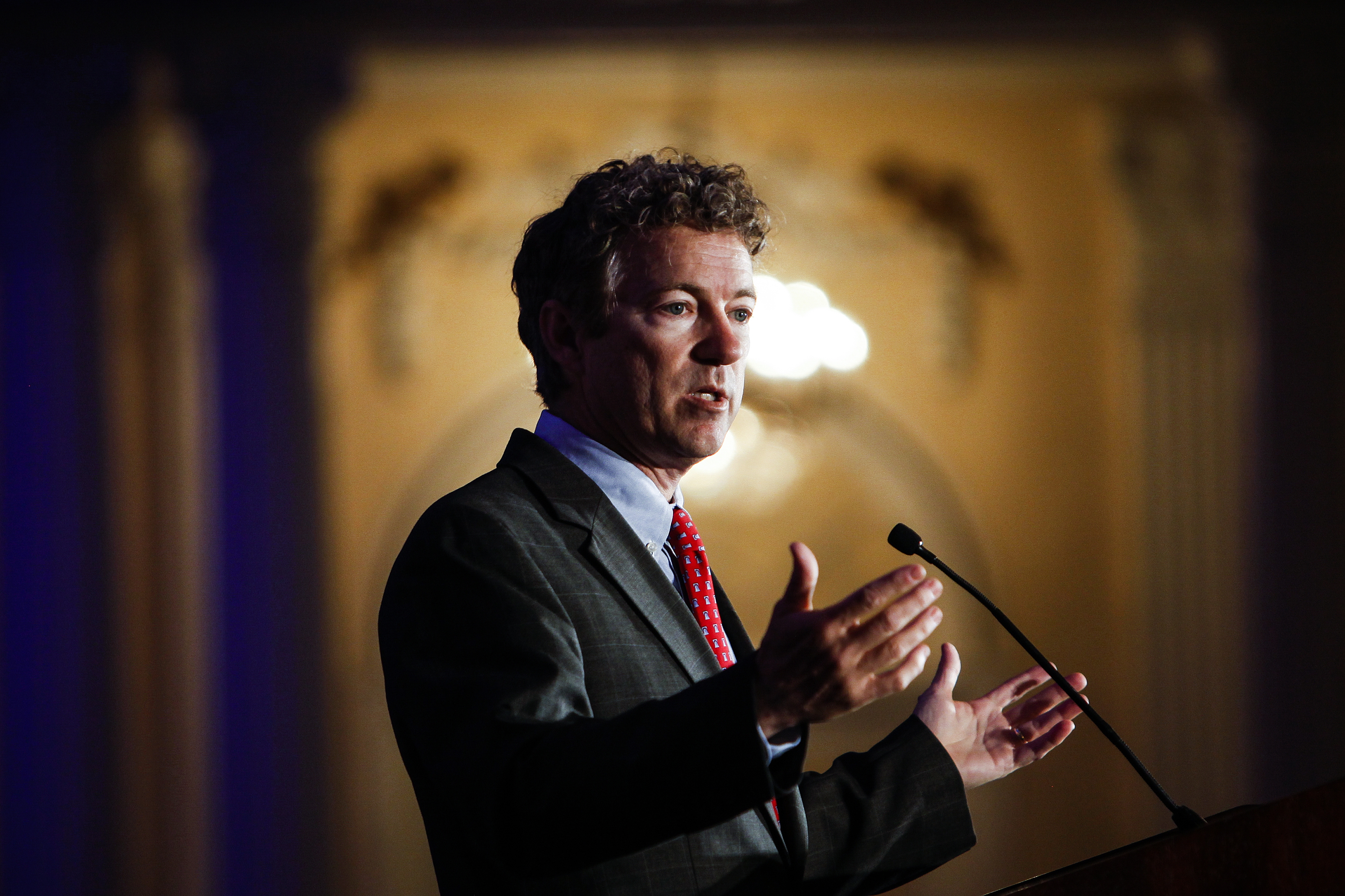 Kentucky Senator Rand Paul address attendees during the Republican National Committee spring meeting at the Peabody hotel in Memphis, Tenn., on Friday, May 9, 2014.  Paul urged members to rethink policies on national security and drug prosecutions (AP Photo/The Commercial Appeal, William DeShazer) (AP)