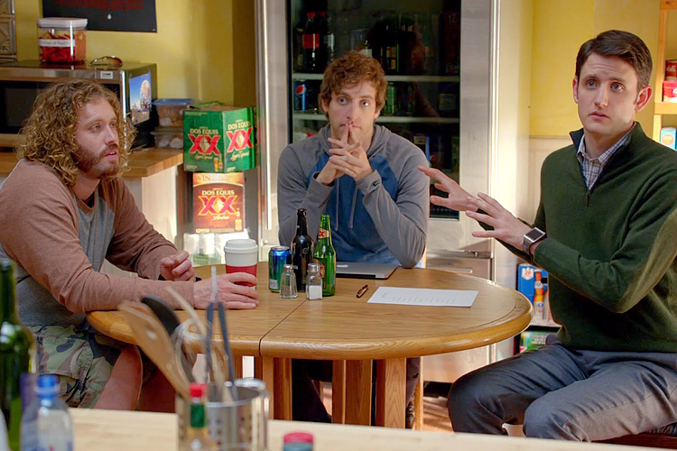T.J. Miller, Thomas Middleditch, Zach Woods and a lot of Dos Equis in "Silicon Valley" (HBO)