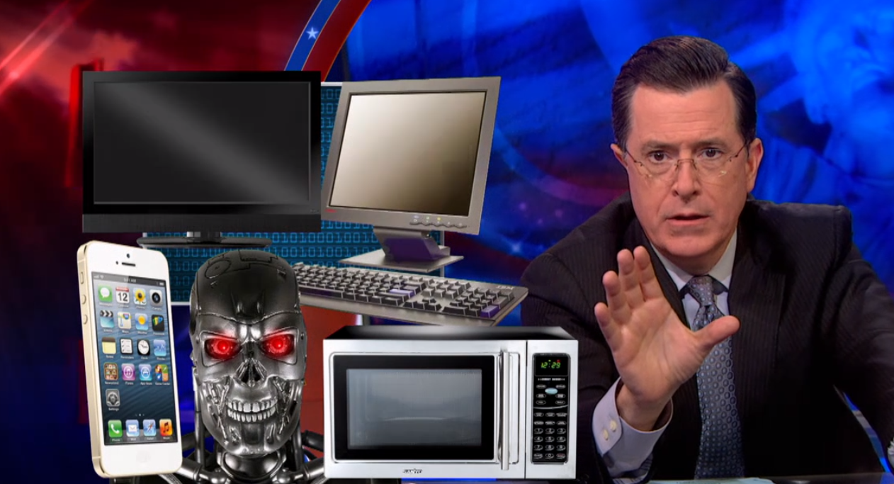 Stephen Colbert talks Turing Test (screenshot)
