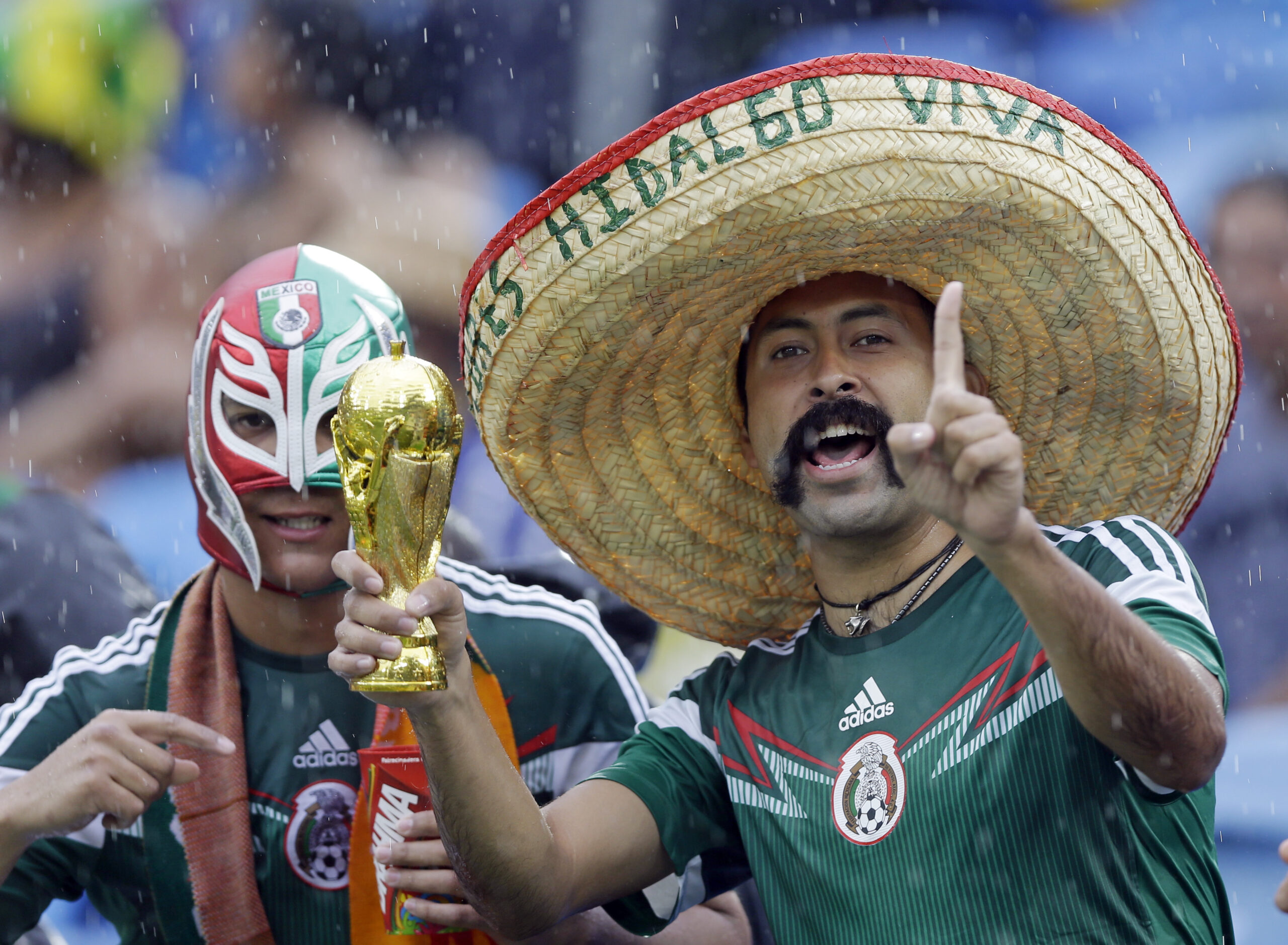 Mexican supporters gesture as they stand in  the rain before the soccer match between Mexico and Cameroon (AP/Ricardo Mazalan)