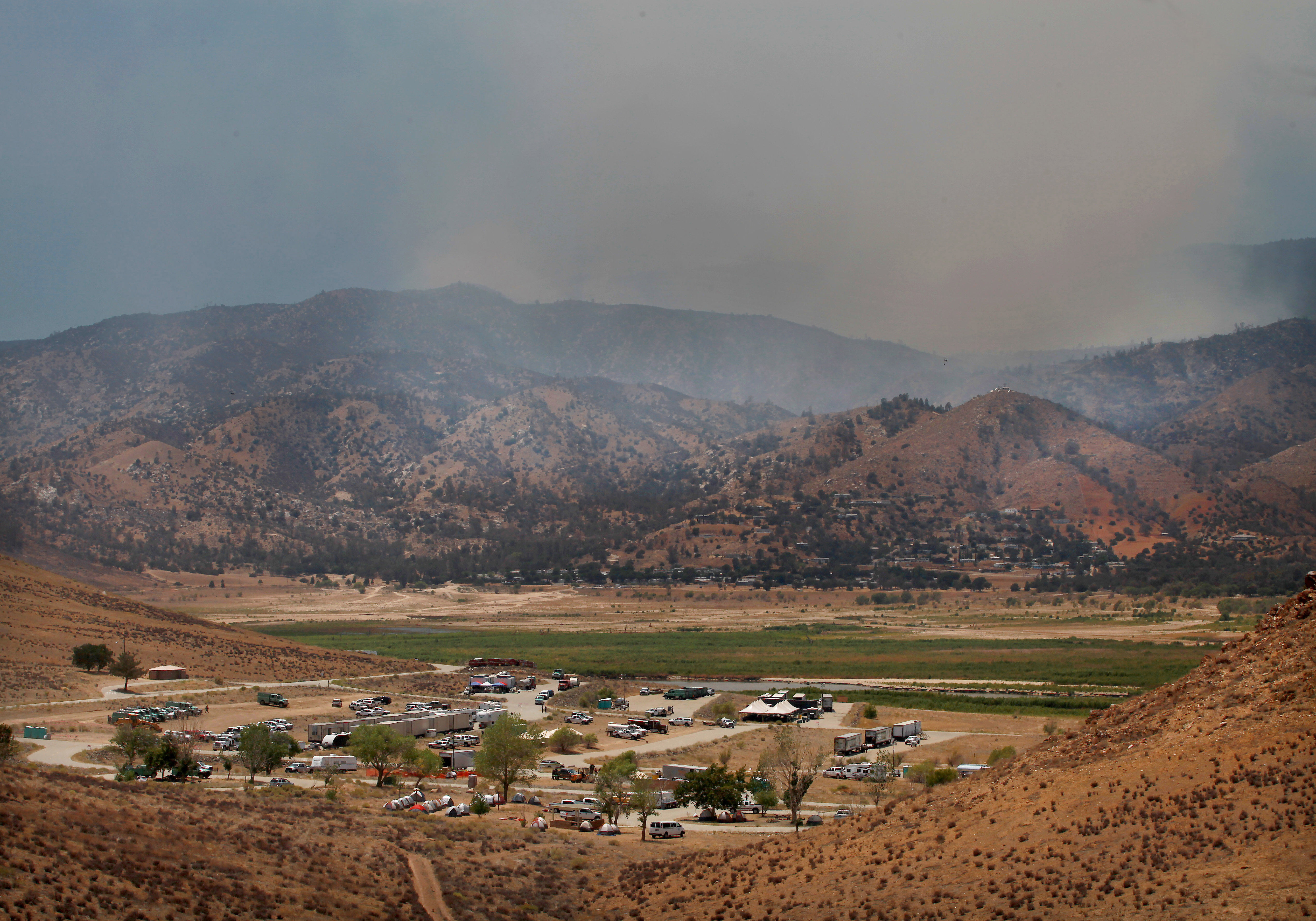 The fire camp for the Shirley Fire at Camp Nine, near Kernville, Calif., is well underway Sunday, June 15, 2014. (AP photo/The Bakersfield Californian, Casey Christie)
