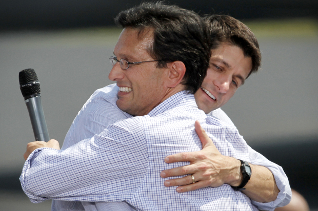 Paul Ryan, right, hugs Eric Cantor during a campaign rally, Aug. 31, 2012. (AP/Steve Helber)