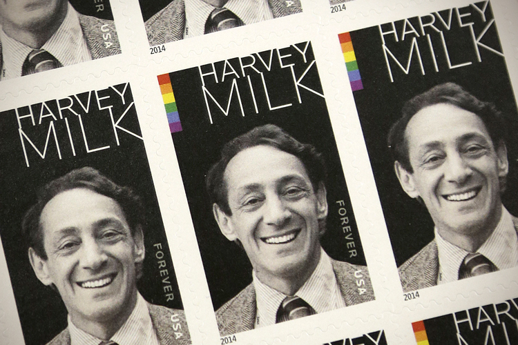 A sheet of commemorative stamps honoring Harvey Milk. (AP/Jeff Chiu)