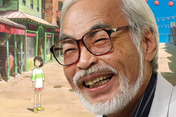 Hayao Miyazaki, with a still from "Spirited Away" (AP/Koji Sasahara)