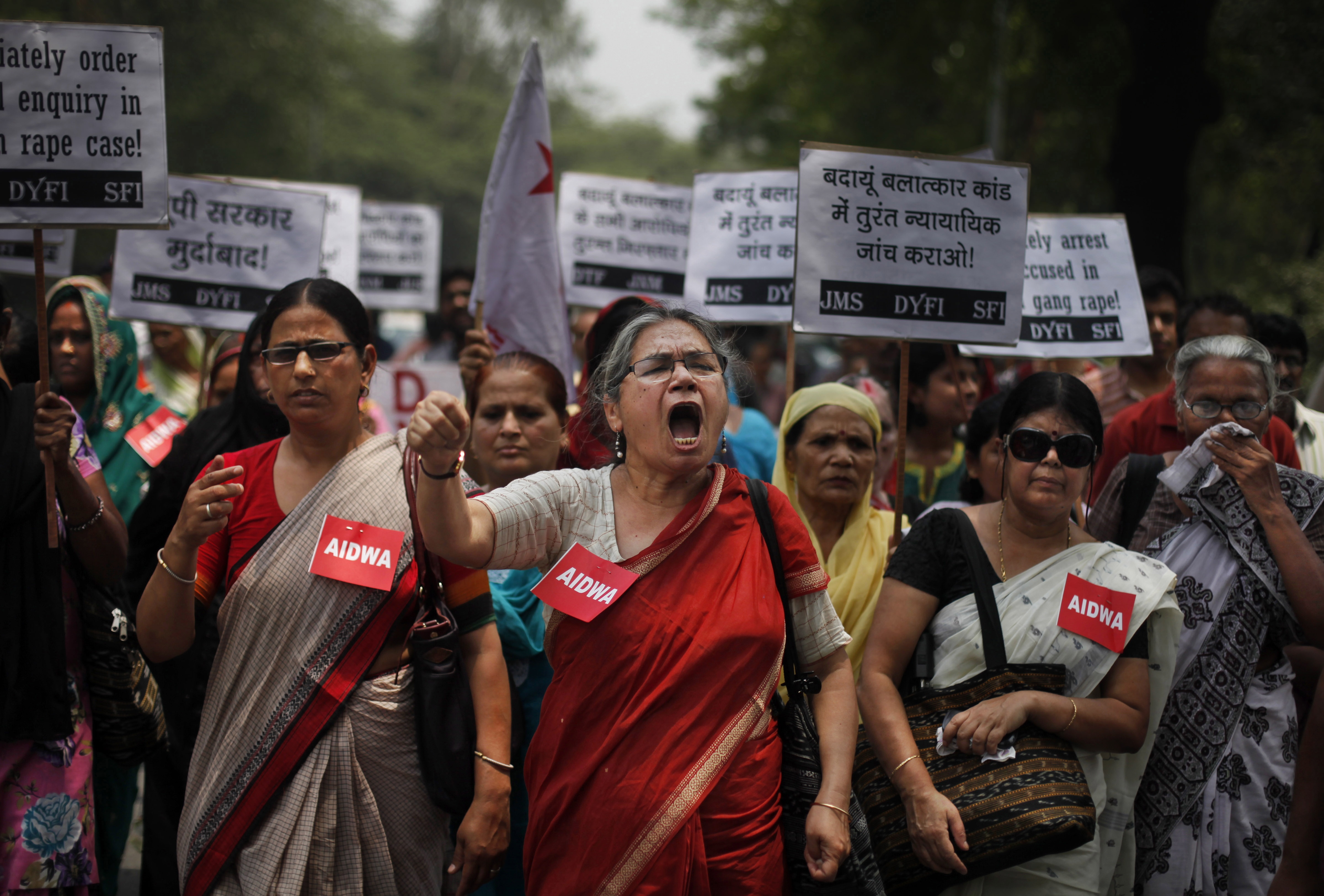 Members of the All India Democratic Women's Association (AIDWA) during a protest against the gang rape of two teenage girls. (AP/Altaf Qadri)