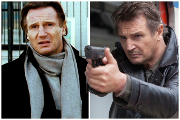 Liam Neeson with scarf in "Love Actually," with gun in "Taken 2"
