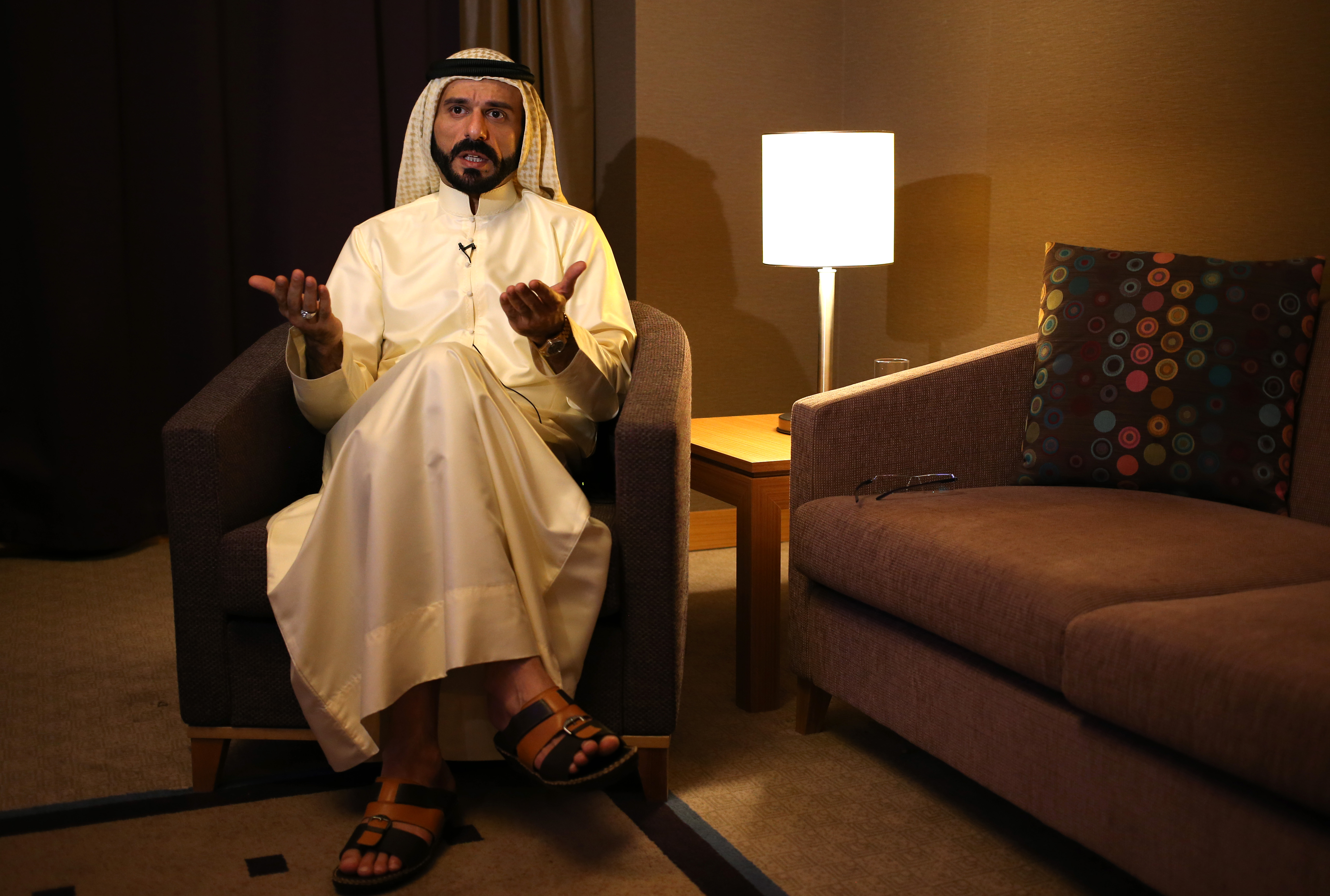 A leading Sunni tribal chief, sheik Ali Hatem al-Suleiman, speaks during an interview with the Associated Press, in Erbil, northern Iraq, Thursday June 19, 2014. Al-Suleiman said  Washingtons decision to send 300 military advisors to assist the Iraqi government in quelling an insurgency sweeping the country would only make it worse. (AP Photo/Hussein Malla) (AP)