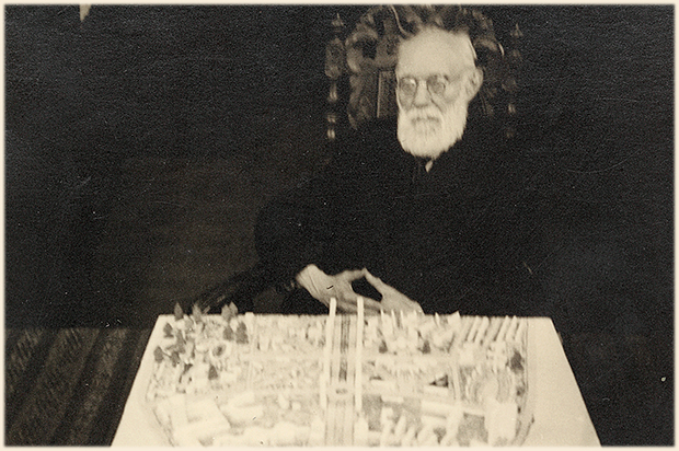 Paul Otlet with model of the World City, 1943 (Mundaneum, Mons, Belgium)