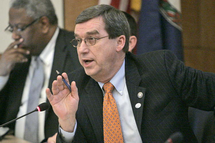 State Sen. Phillip Puckett, D-Russell, gestures as he poses a question during the Senate Committee on Agriculture, conservation and Natural Resources public hearing on a bill that would limit strip mining of coal, at the Capitol in Richmond, Va., Thursday, Feb. 11, 2010.     (AP Photo/Steve Helber) (Steve Helber)
