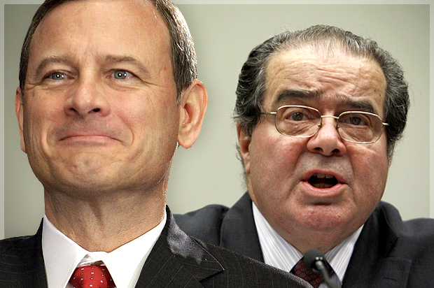 Supreme Court Justices John Roberts, Antonin Scalia (AP/Michael Conroy/Reuters/Kevin Lamarque/Photo collage by Salon)