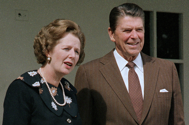 Margaret Thatcher and Ronald Reagan, outside the White House in 1983. (AP)