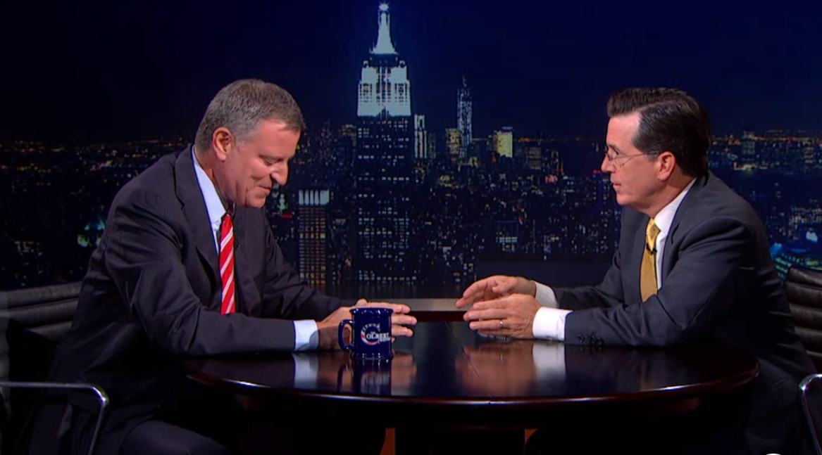 Mayor Bill deBlasio with Stephen Colbert (screenshot)