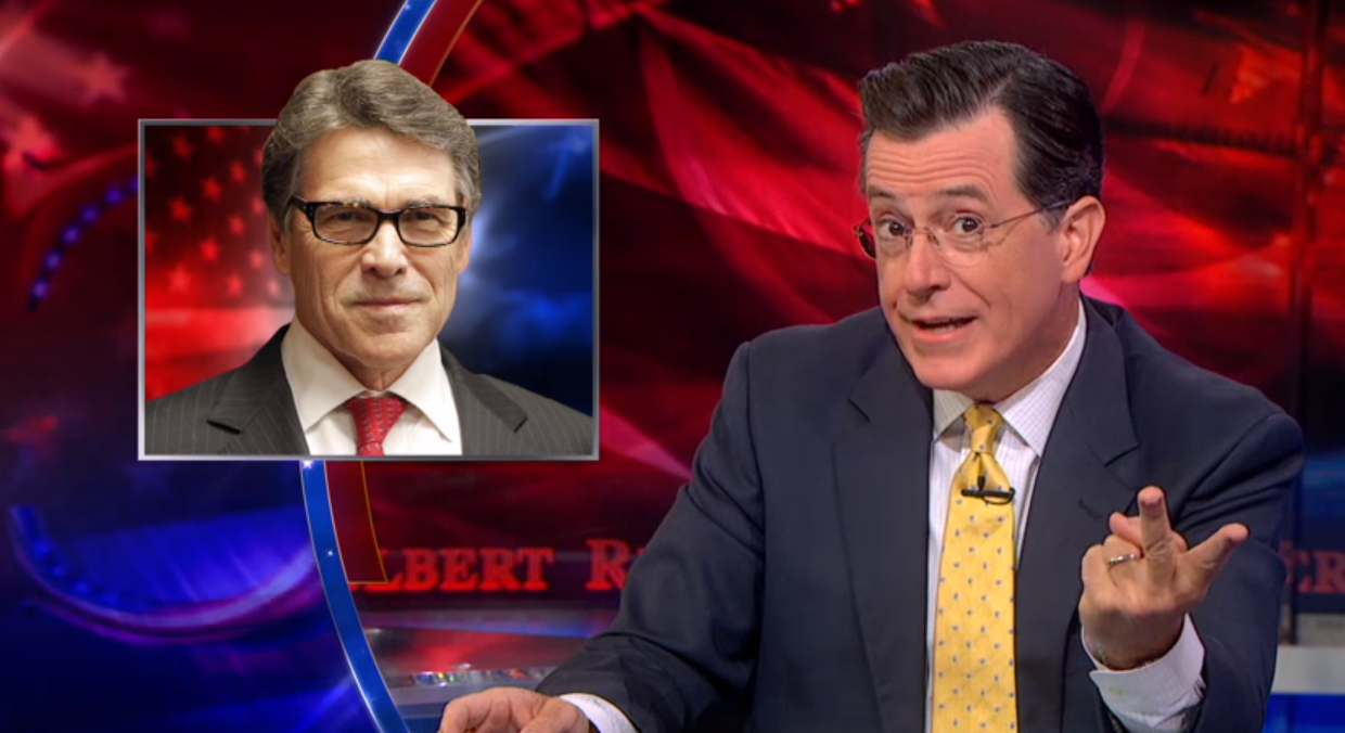 Stephen Colbert mocks Rick Perry (screenshot)