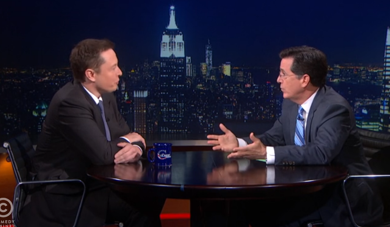 Stephen Colbert with Elon Musk (screenshot)