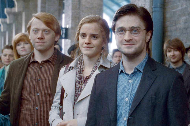Rupert Grint, Emma Watson, and Daniel Radcliffe in the epilogue scene of "Harry Potter and the Deathly Hallows: Part 2"