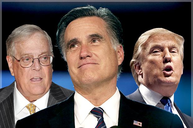 David Koch, Mitt Romney, Donald Trump (AP/Evan Agostini/Charles Dharapak/Reuters/Joshua Roberts/Photo montage by Salon)