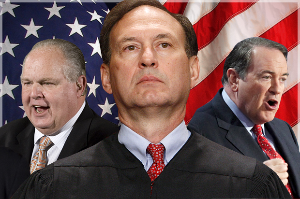 Rush Limbaugh, Justice Samuel Alito, Mike Huckabee (AP/J. Scott Applewhite/Charles Dharapak/Reuters/Joe Skipper/Photo colage by Salon)