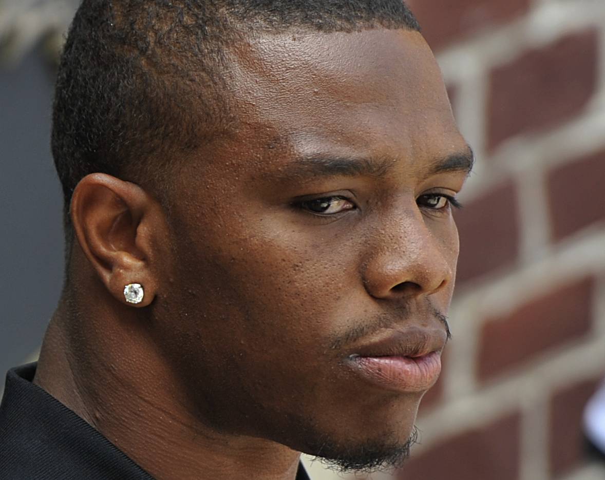 Baltimore Ravens running back Ray Rice answers question during a news conference after NFL football training camp practice, Thursday, July 31, 2014, in Owings Mills, Md.(AP Photo/Gail Burton) (AP)