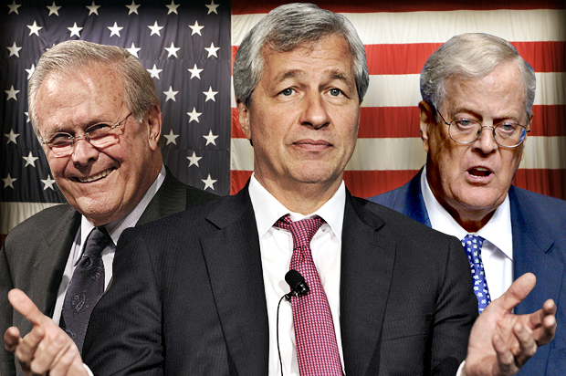 Donald Rumsfeld, Jamie Dimon, David Koch (AP/Rob Carr/Reuters/Keith Bedford/AP/Phelan M. Ebenhack/Photo montage by Salon)