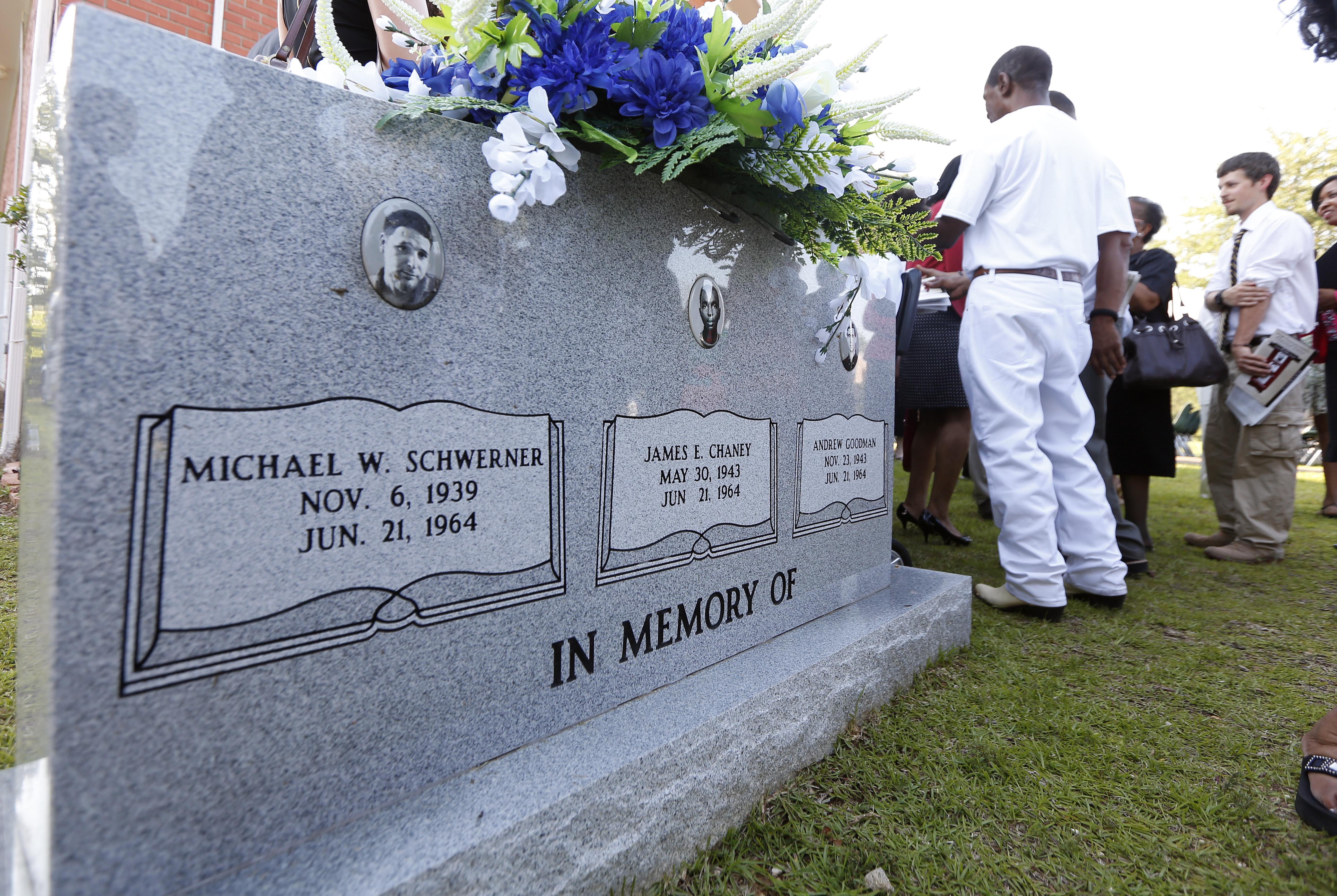A commemorative service for James Chaney, Andrew Goodman, and Michael Schwerner, all killed in Neshoba County for their voter registration work among blacks in 1964 in then segregationist Mississippi. (AP/Rogelio V. Solis)