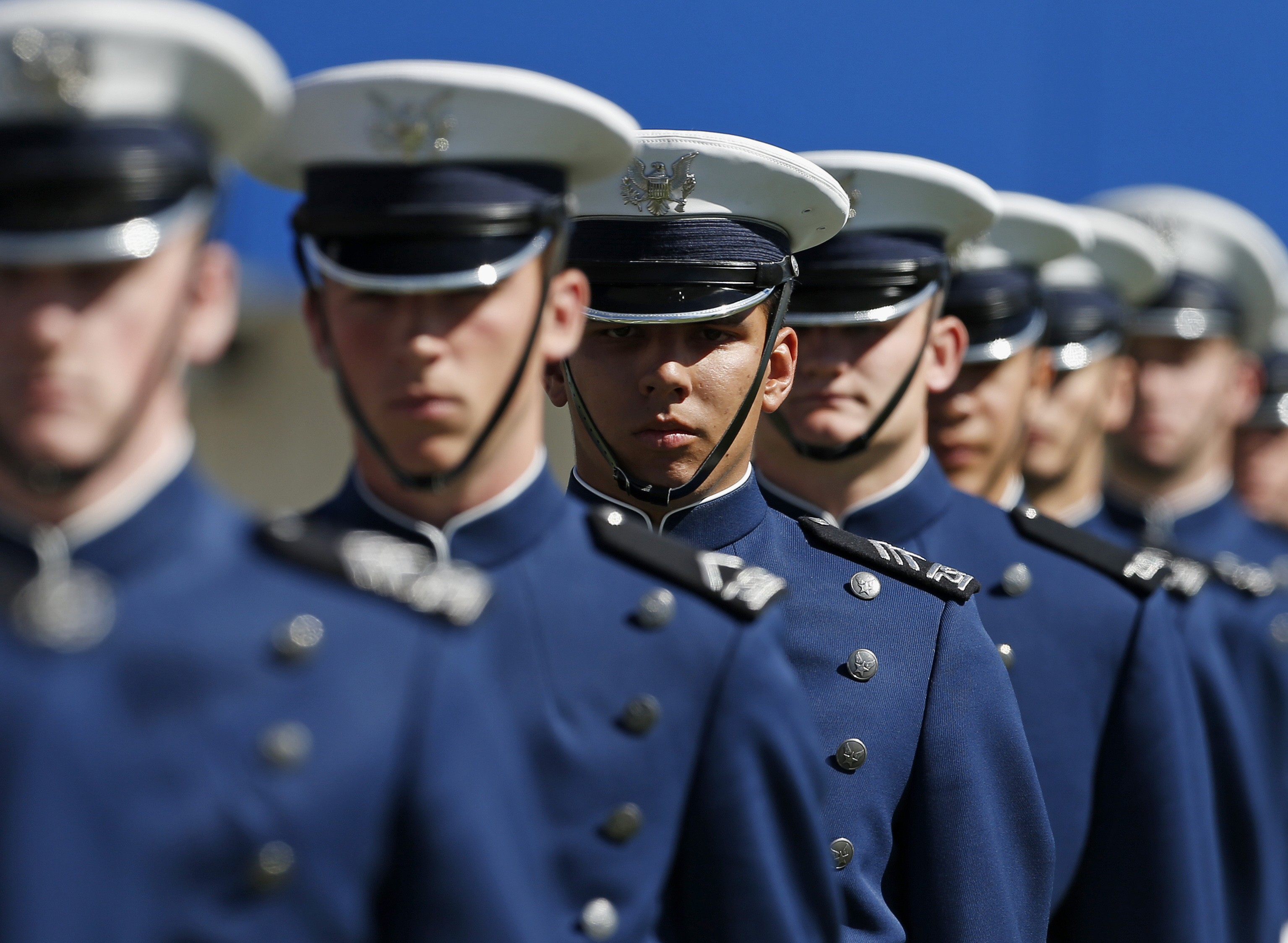 Air Force Cadets from the class of 2014 arrive for their graduation ceremony at the U.S. Air Force Academy, Colo., Wednesday, May 28, 2014.  (AP Photo/Brennan Linsley) (AP)