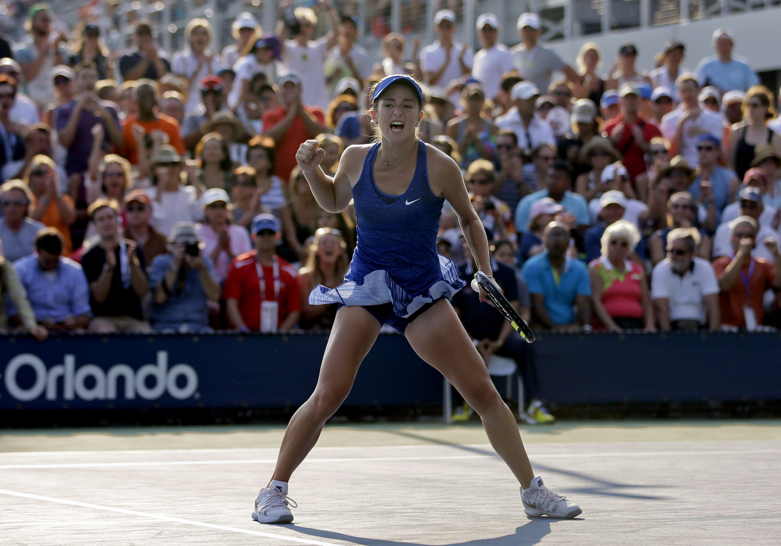 Catherine Bellis, of the United States, reacts after a point against Dominika Cibulkova, of Slovakia, during the first round of the 2014 U.S. Open tennis tournament, Tuesday, Aug. 26, 2014, in New York. (AP Photo/Darron Cummings) (Darron Cummings)